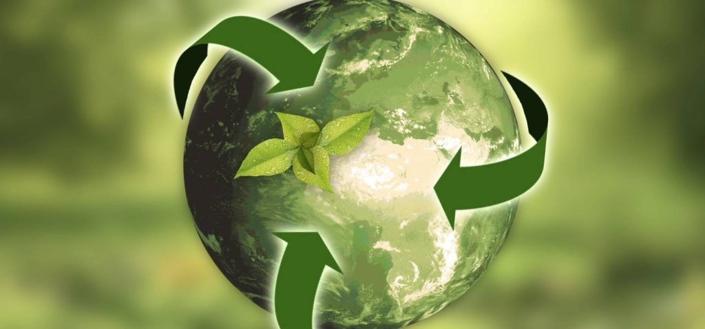 green globe with recycle icon surround in and green nature background