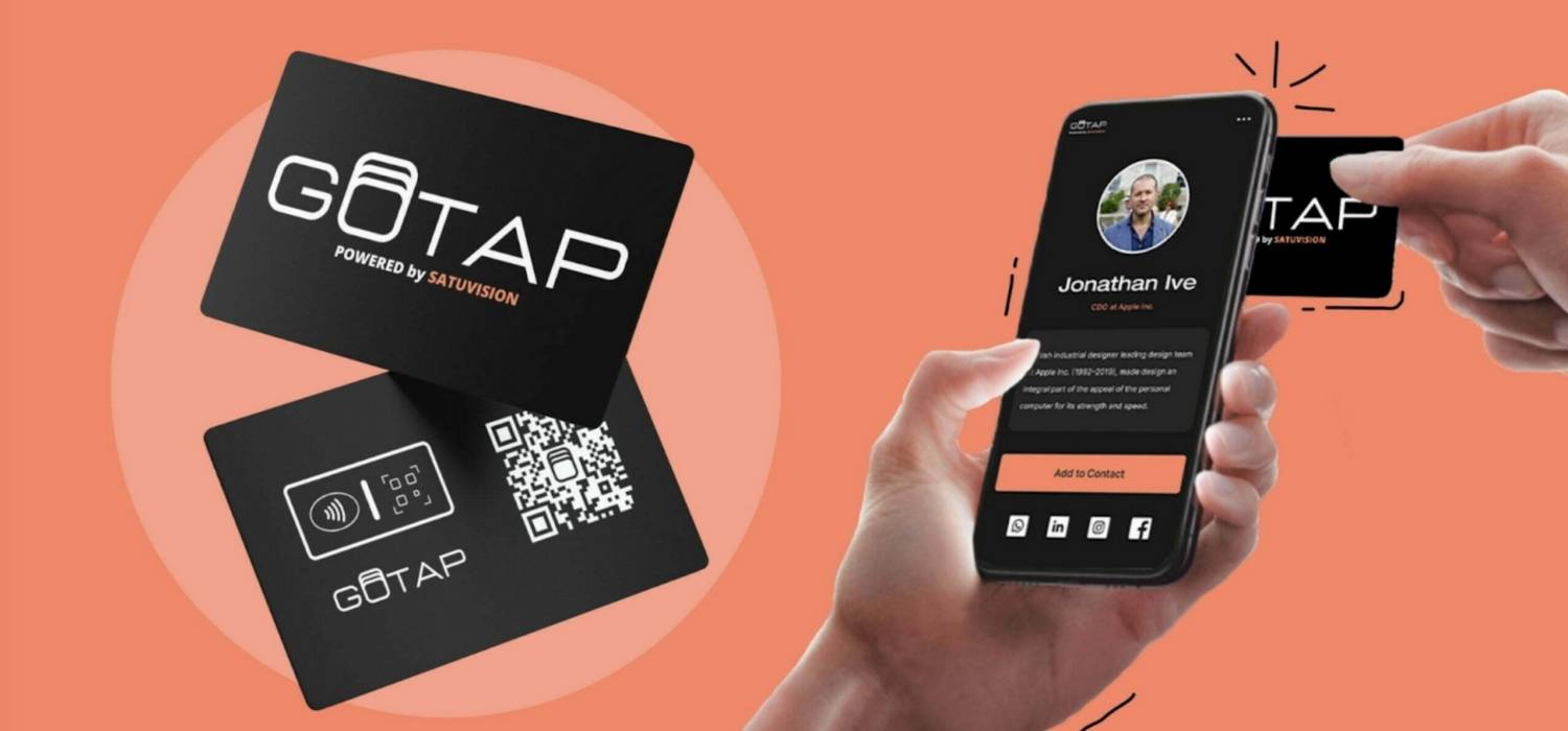 two smart business cards GOTAP on the left side and someone is tapping the smart card on behind phone