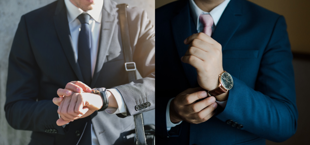 Two professional looking men in suits and watch accessories.