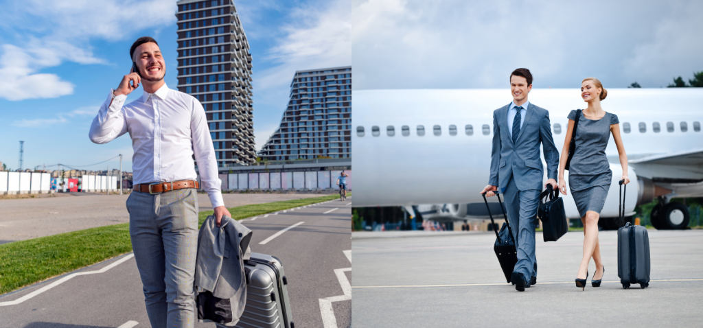 Two male businessman and one female business women happily enjoying their business trip