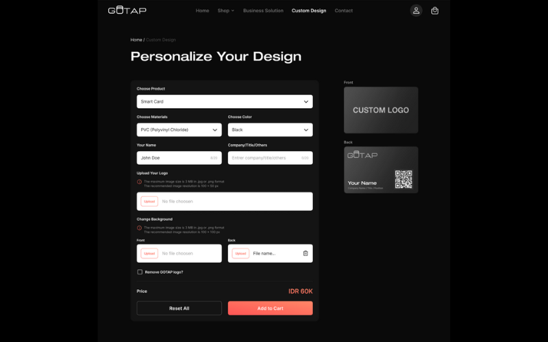 GOTAP V2 personalize design setting page.